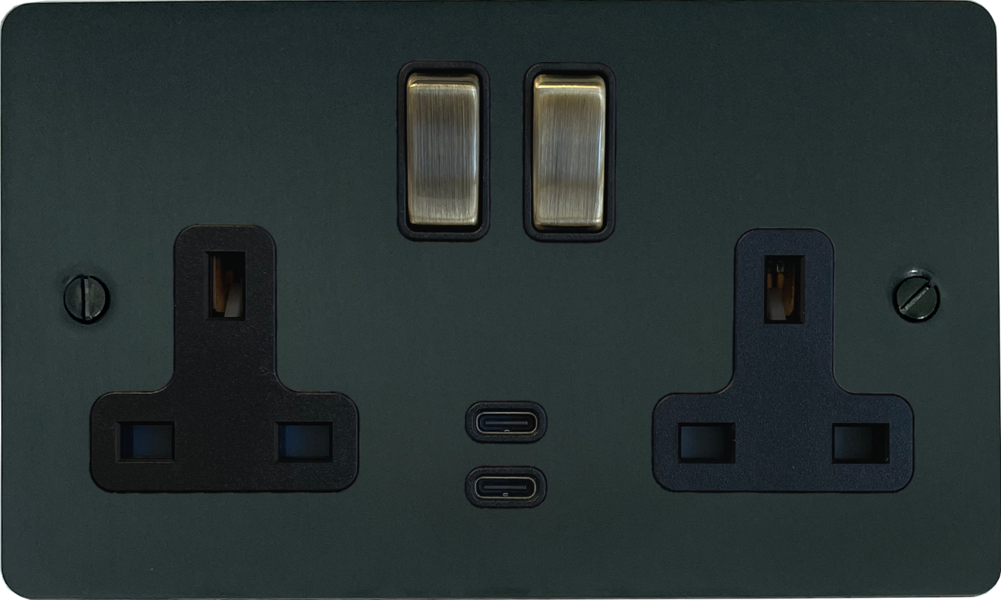Flat Black Bronze 2 Gang Socket C/W USB-C