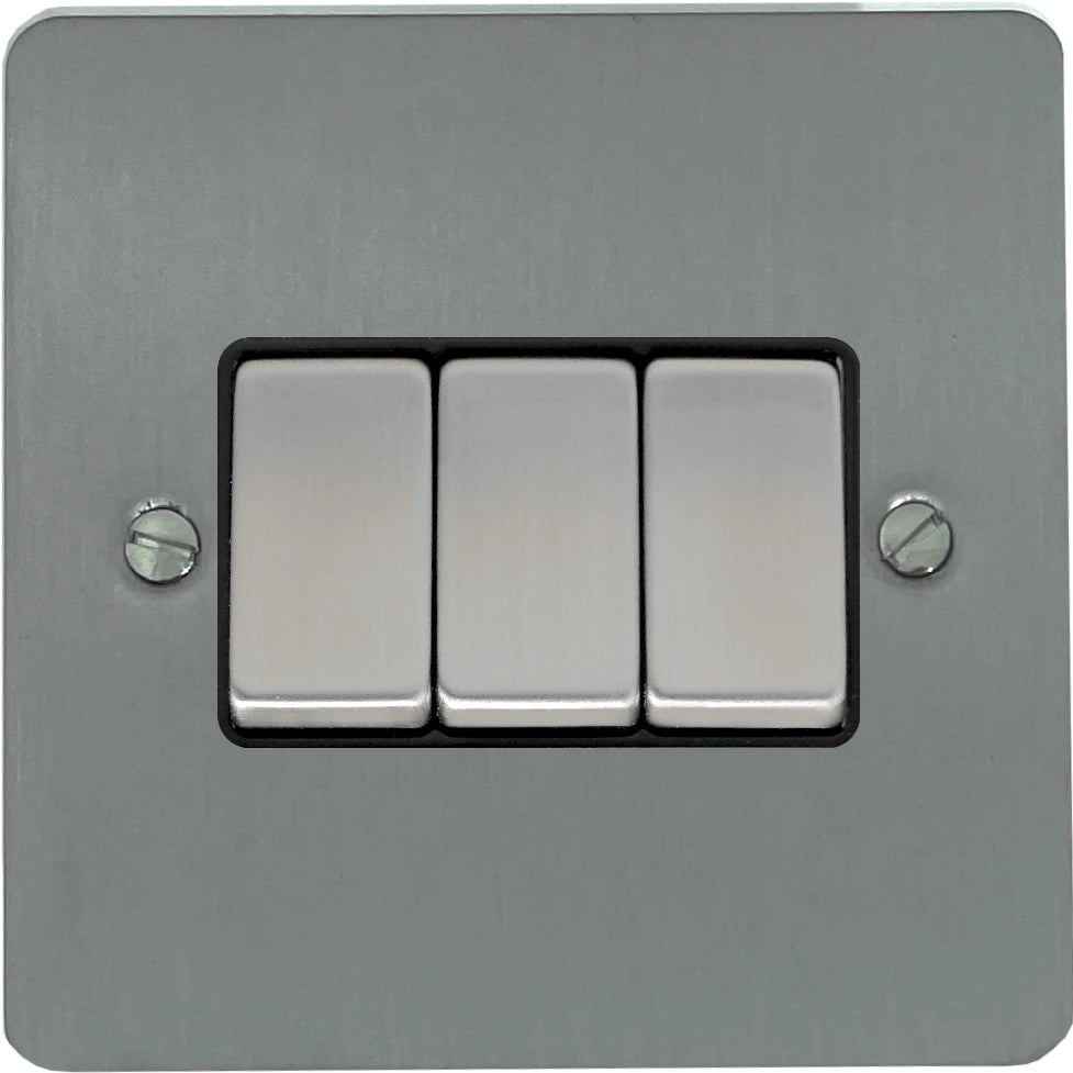 Flat Brushed Steel 3 Gang 2 Way Switch