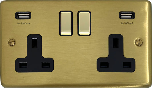 Contour Satin Brass 2 Gang Socket C/W Usb Ports