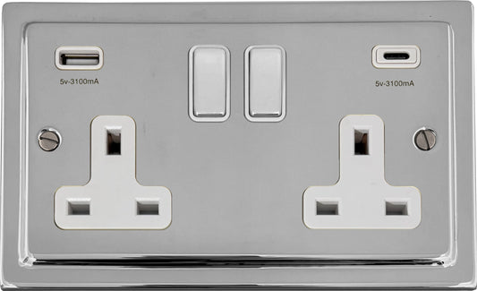 Trimline Polished Chrome 2 Gang Socket C/W USBC Ports