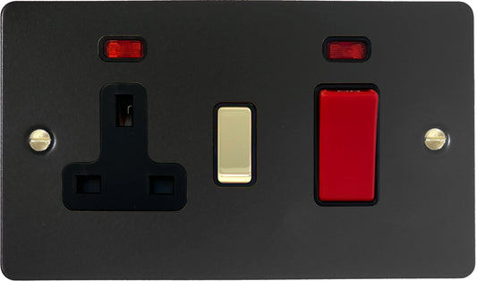 Flat Black 45 Amp Cooker Switch and Socket (Brass Switch)