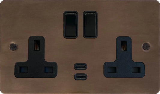 Flat  Medium Bronze  2 Gang Socket with USBC