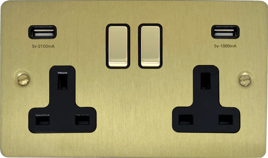 Flat Satin Brass 2 Gang Socket C/W Usb Ports