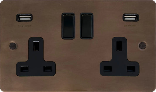 Flat  Medium Bronze  2 Gang Socket with USB