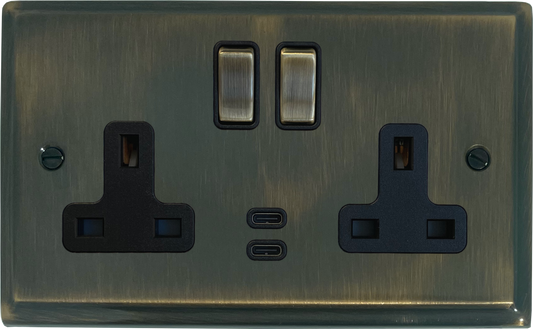 Deco Antique Brass 2 Gang USBC Socket (Brass Switches)
