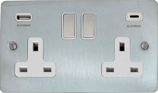 Flat Satin Chrome 2 Gang Socket C/W USBC Ports