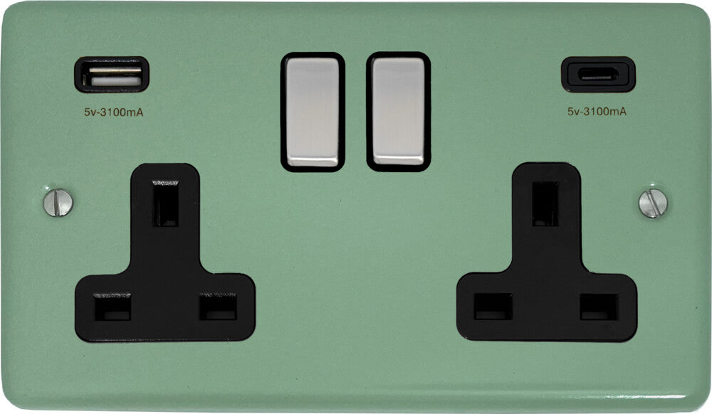 Classic Sage Green 2 Gang Socket With USBC (Satin Chrome Switch/Black Insert)