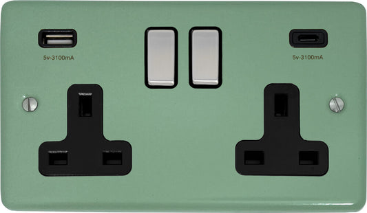 Classic Sage Green 2 Gang Socket With USBC (Satin Chrome Switch/Black Insert)