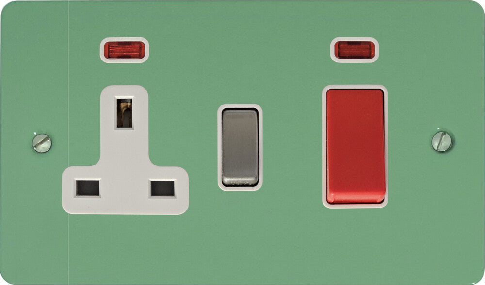 Flat Sage Green 45A Cooker Switch + Socket (Satin Chrome Switch/White Inserts)
