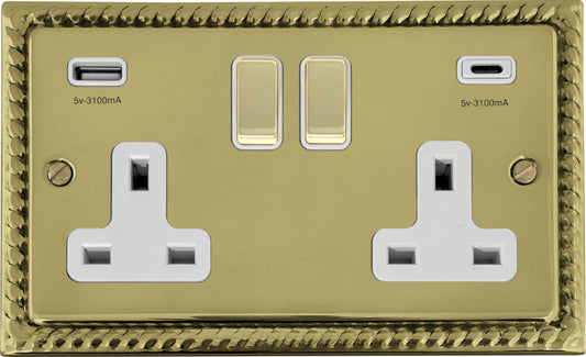 Georgian Polished Brass 2 Gang Socket C/W USBC Ports
