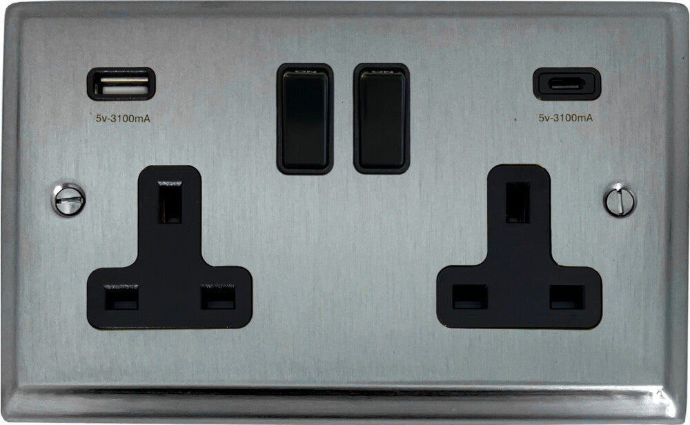 Deco Satin Chrome  2 Gang Socket with USBC