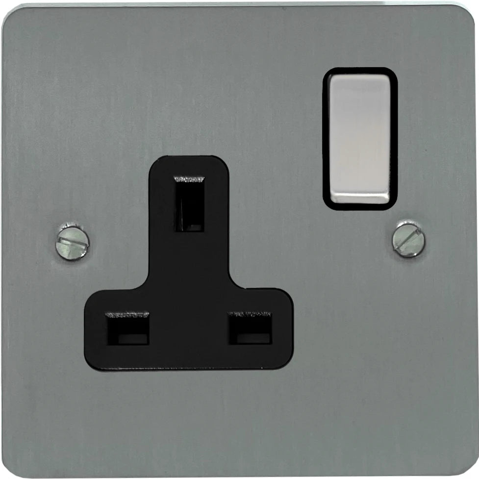 Flat Brushed Steel 1 Gang Switched Socket
