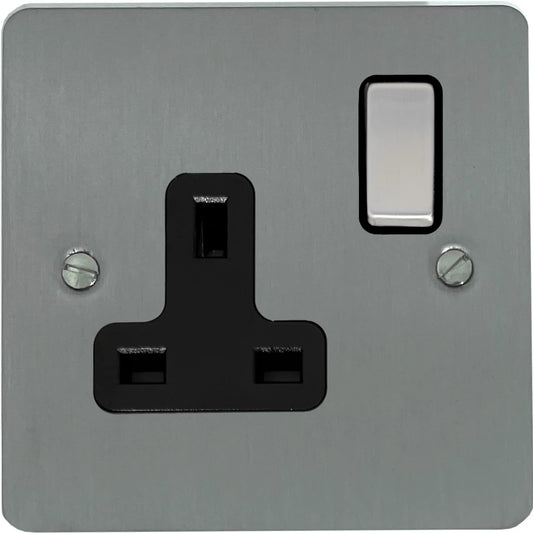 Flat Brushed Steel 1 Gang Switched Socket
