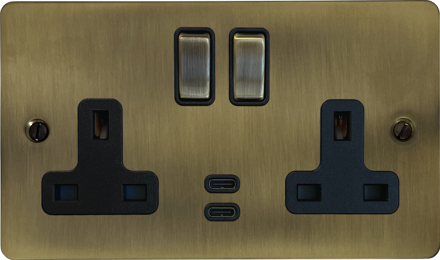 Flat Antique Brass 2 Gang USBC Socket (Brass Switches)