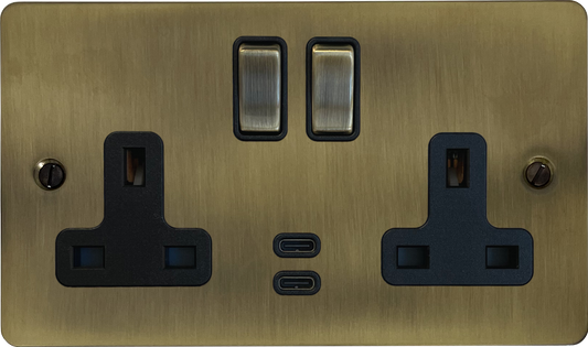 Flat Antique Brass 2 Gang USBC Socket (Brass Switches)