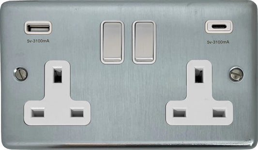Contour Satin Chrome 2 Gang Socket C/W USBC Ports