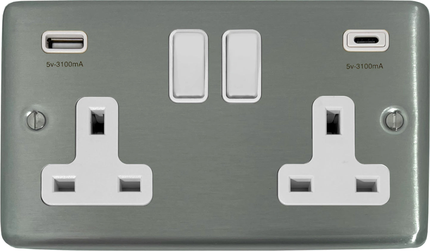 Contour Brushed Steel 2 Gang Socket + USBC