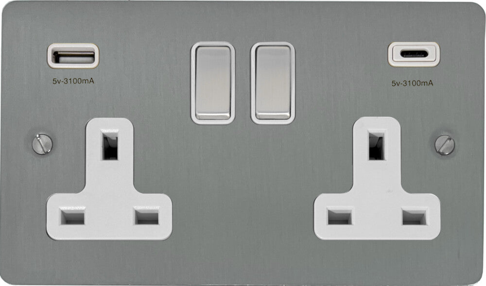 Flat Brushed Steel 2 Gang USBC Socket