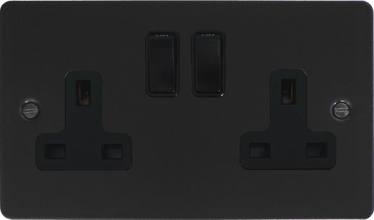 Flat Black 2 Gang Socket (Black Switches)