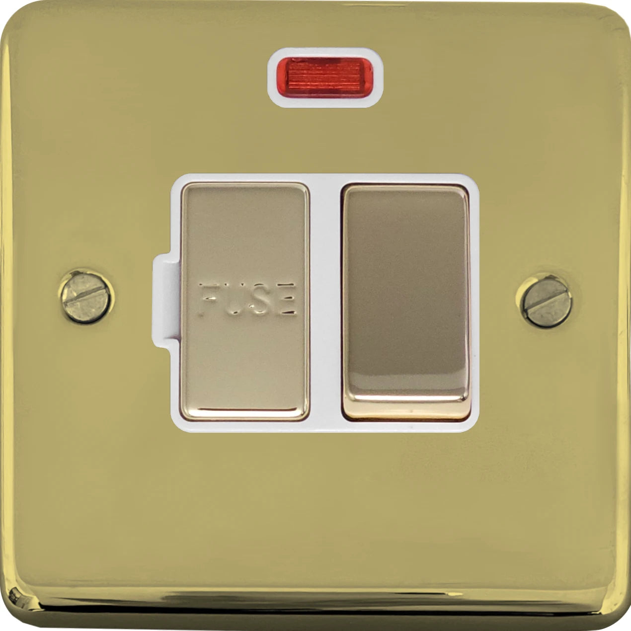 Contour Polished Brass Switched Fuse Spur with Neon (White Insert/ Brass Switch)