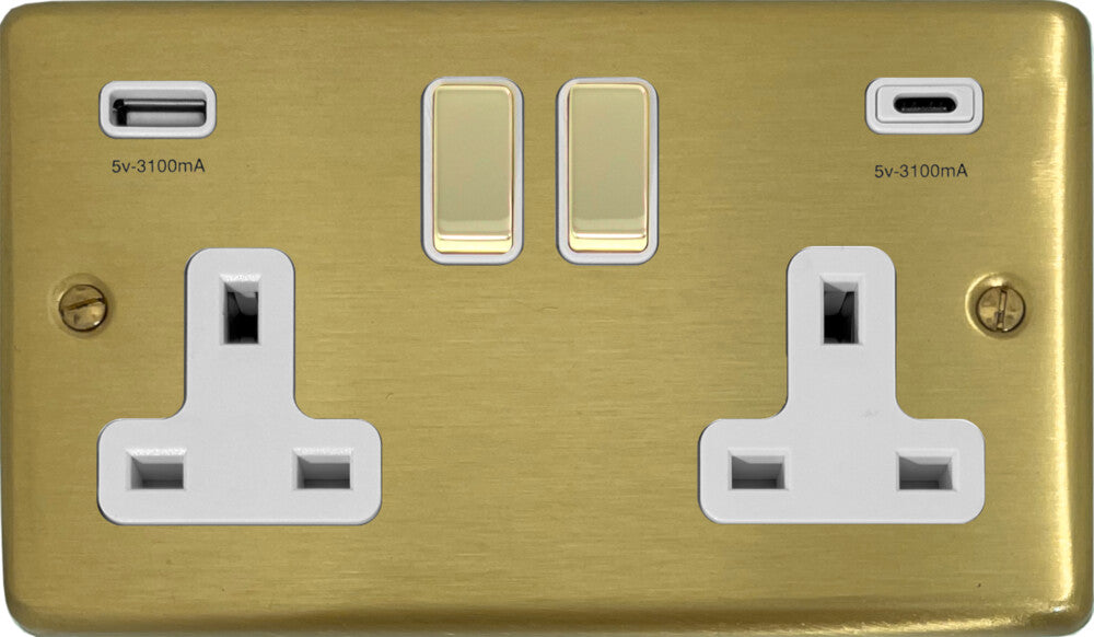 Contour Satin Brass 2 Gang Socket C/W USBC Ports