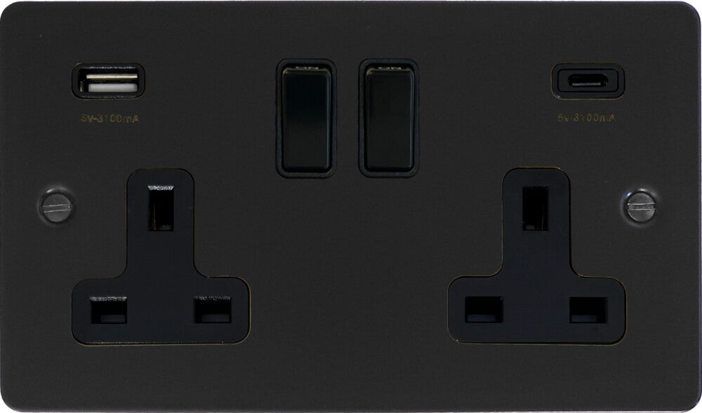 Flat Black 2 Gang Socket with USB (Black Switches) (A+C)