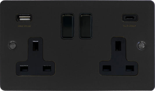 Flat Black 2 Gang Socket with USB (Black Switches) (A+C)