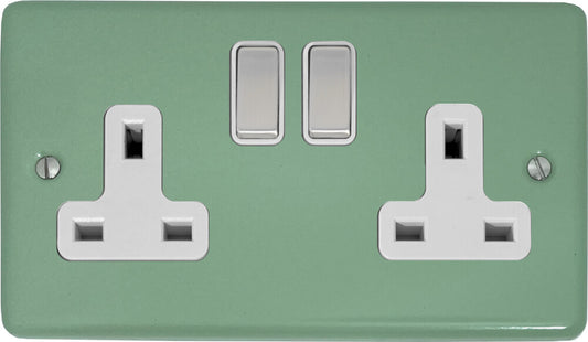 Classic Sage Green 2 Gang Socket (Satin Chrome Switch/White Insert)