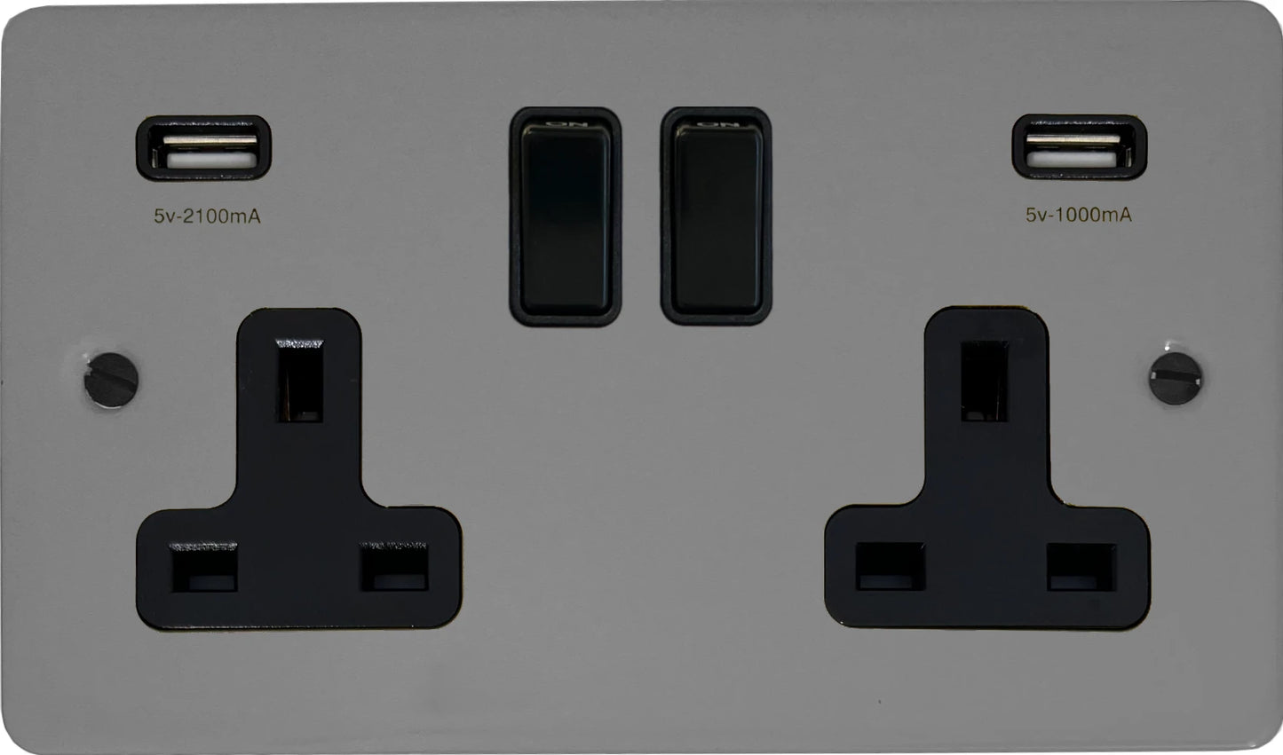 Flat Light Grey  2 Gang Socket with USB