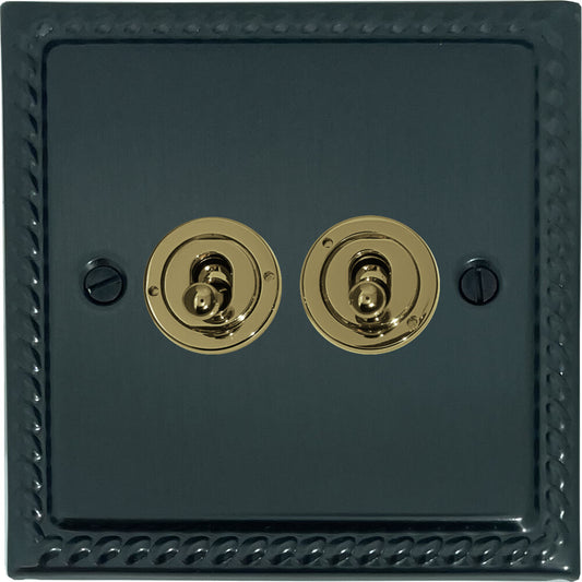 Georgian Black Bronze 2 Gang Toggle Switch (Polished Brass Toggles)