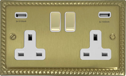 Georgian Satin Brass 2 Gang Socket C/W Usb Ports (White Insert) – Designer Sockets
