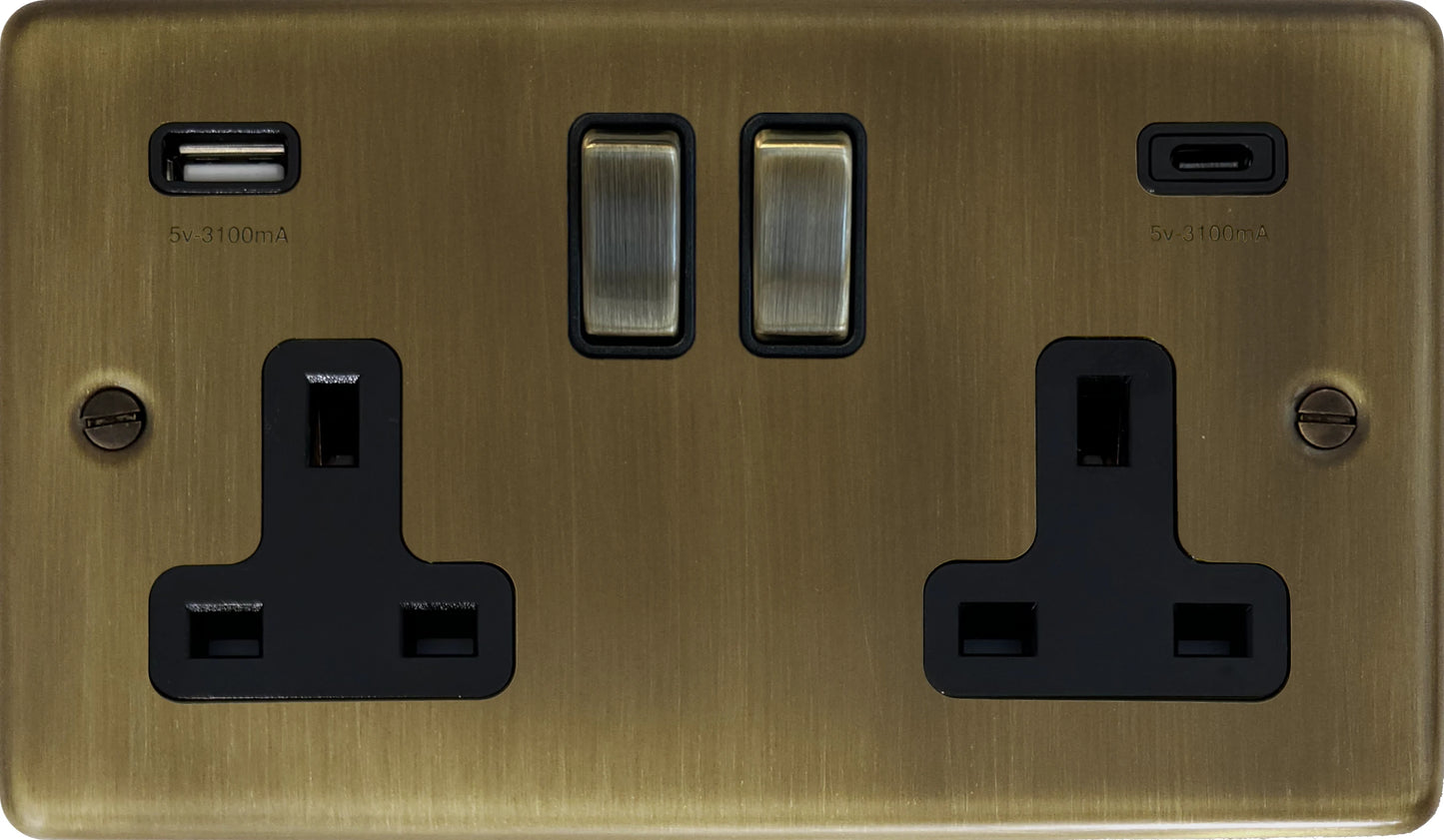 Contour Antique Brass 2 Gang Socket with USBC (Brass Switches)