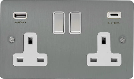 Flat Brushed Steel 2 Gang USBC Socket