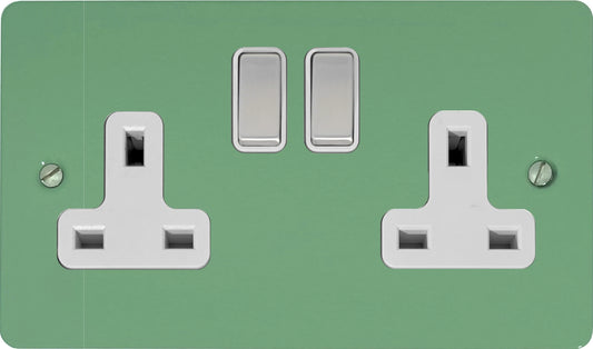 Flat Sage Green 2 Gang Socket (Satin Chrome Switches/White Inserts)