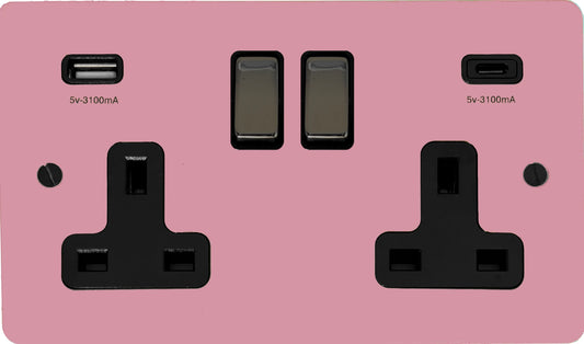 Flat Gloss Pink 2 Gang Socket with USBC (Black Nickel Switch/Black Insert)