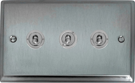 Deco Satin Chrome 3 Gang 2 Way Toggle (Brushed Steel Toggle)