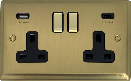 Deco Satin Brass 2 Gang Socket C/W USBC Ports