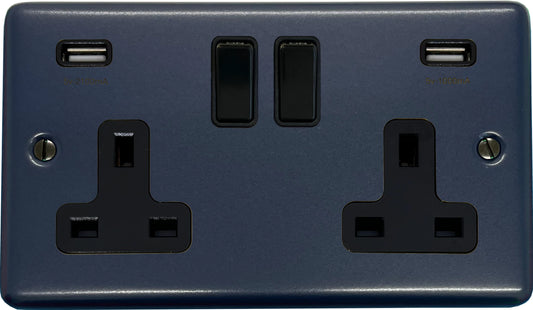 Contour  Blue  2 Gang Socket with USB - Contour range electrical socket