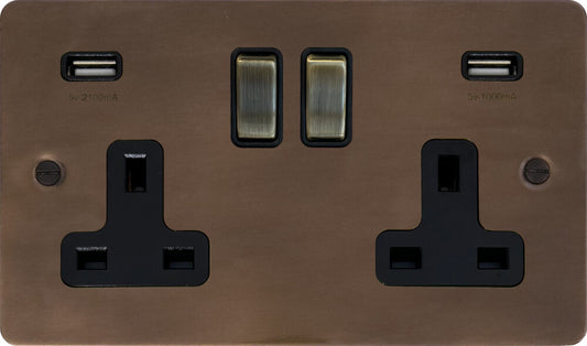 Flat Medium Bronze 2 Gang Socket C/W USB
