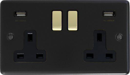 Contour Flat Black 2 Gang Usb Socket (Brass Switches)