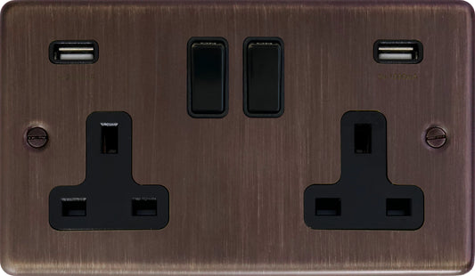 Contour  Antique Copper 2 Gang Socket with USB