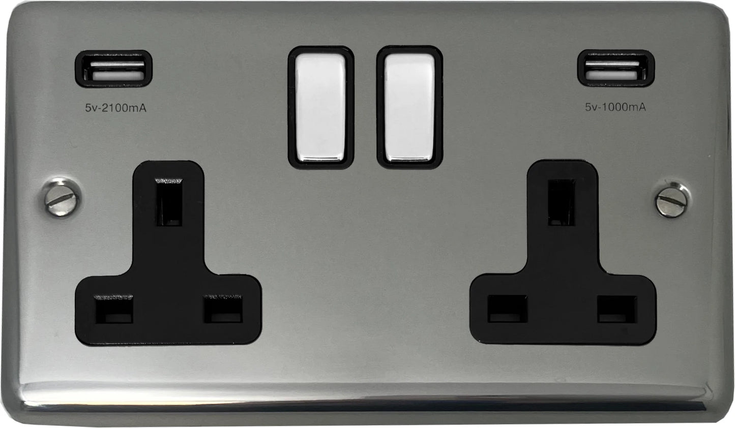 Contour Polished Steel 2 Gang Socket + Usb