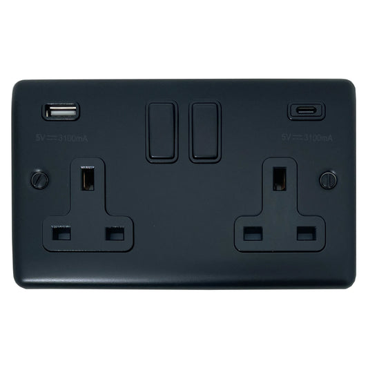 Basics Matt Black 2 Gang Socket with USBC