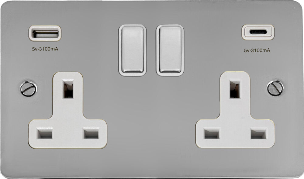 Flat Polished Chrome 2 Gang Socket C/W USBC Ports