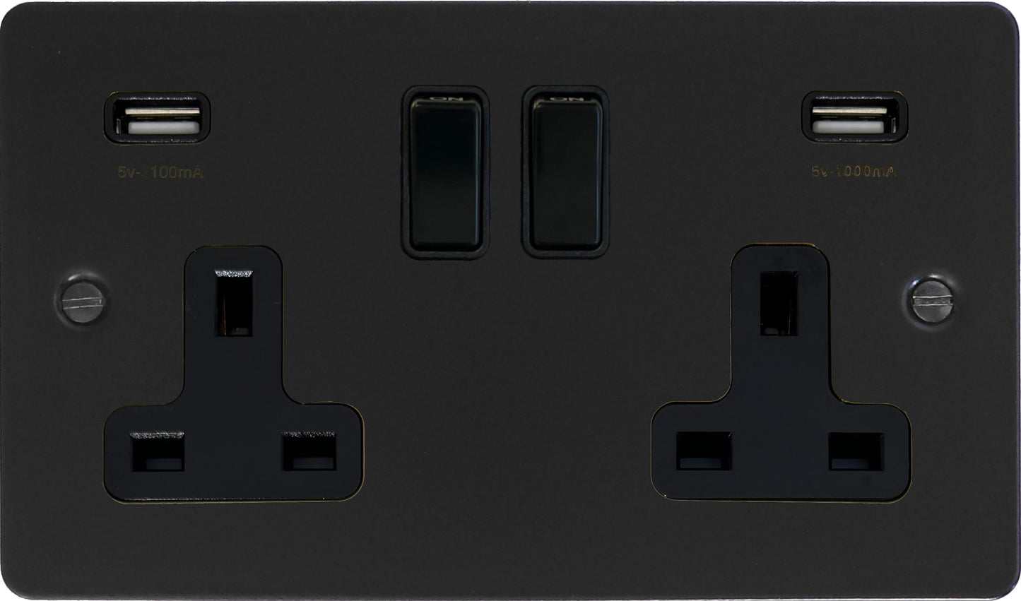 Flat Black 2 Gang Socket with USB (Black Switches)