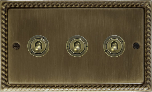 Georgian Antique Brass 3 Gang Toggle Switch