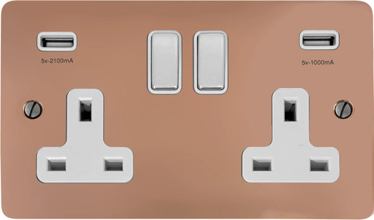 Flat Bright Copper 2 Gang Socket C/W Usb Ports