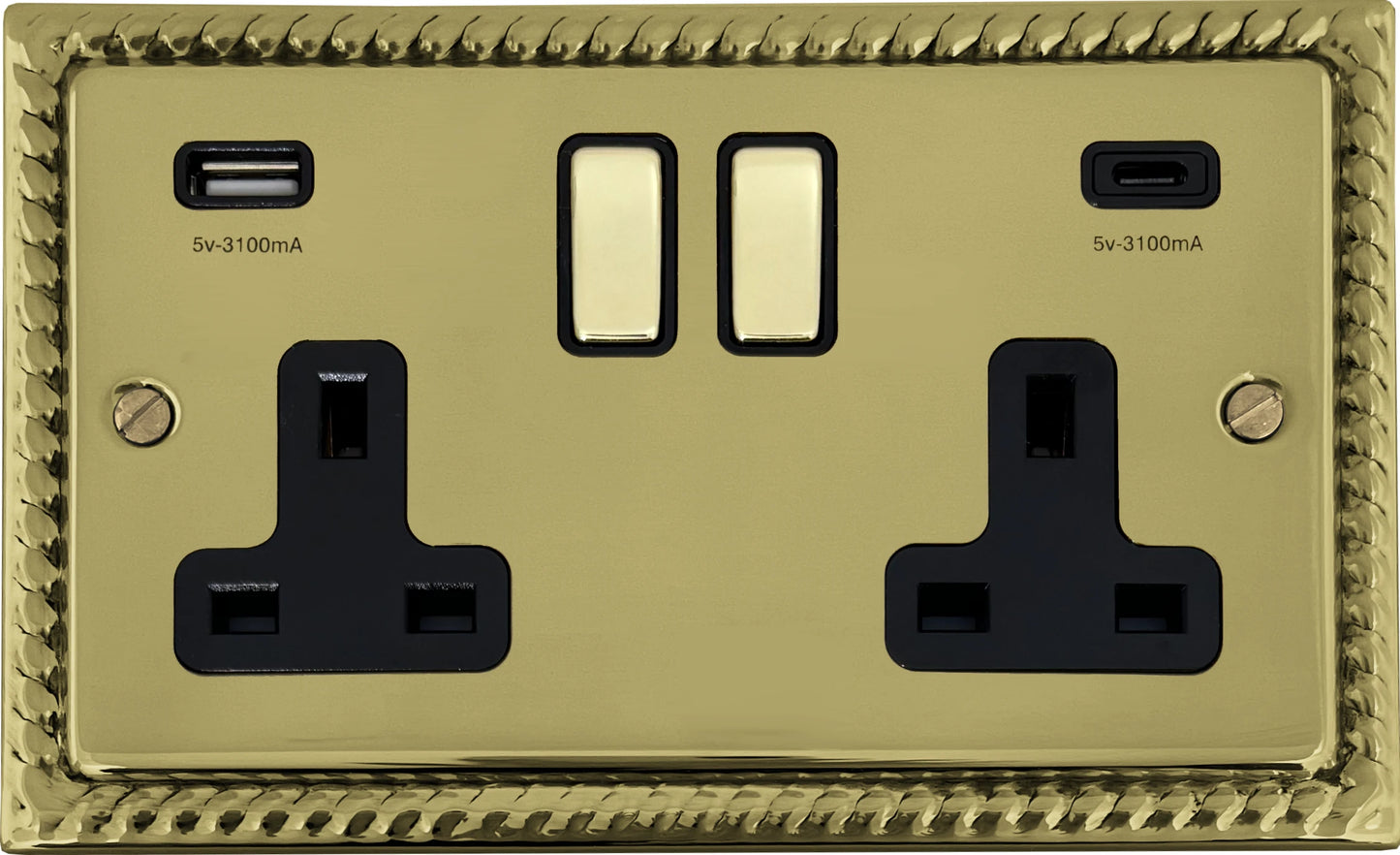 Georgian Polished Brass 2 Gang Socket C/W USBC Ports