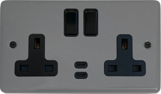 Contour  Light Grey  2 Gang Socket with USBC