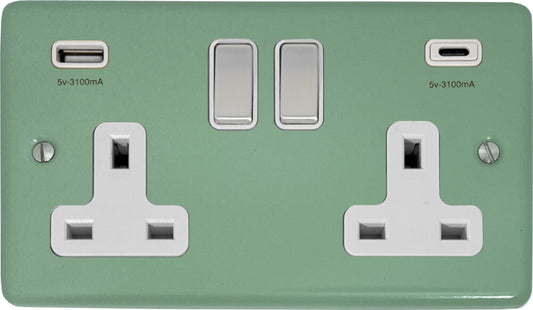 Classic Sage Green Classic 2 Gang Socket with USBC (Satin Chrome Switch/White Insert)